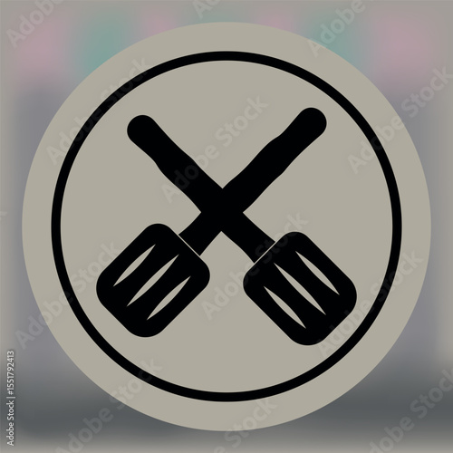 Black silhouette of two crossed kitchen spatulas inside a circle on a beige background, symbolizing cooking utensils or culinary tools in minimal style.