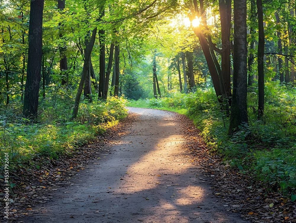 Fototapeta premium Scenic Forest Pathway with Sunlight and Lush Greenery in Autumn
