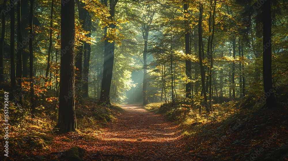 Fototapeta premium Serene Forest Path with Autumn Leaves and Sunlight Beams