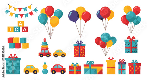 Vibrant Collection Of Festive Balloons, Colorful Gift Boxes, And Playful Childhood Toys Illustration