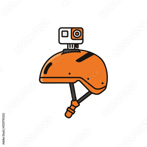 Action camera mounted on an orange helmet. 