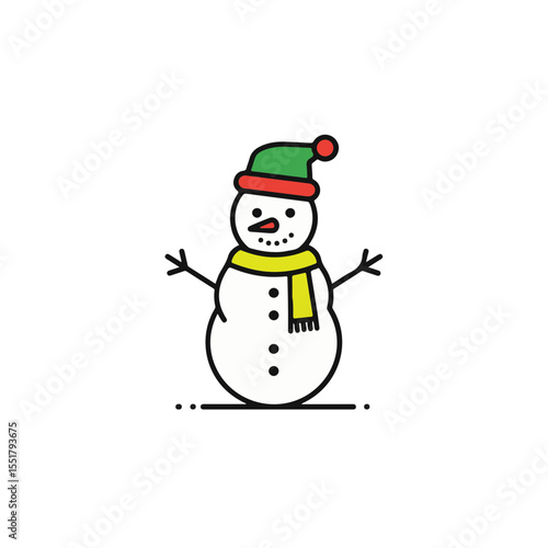 A cheerful snowman wearing a green hat and yellow scarf.