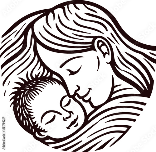 Tender mother embracing sleeping baby in line art style, loving maternal care, nurturing parent and child illustration