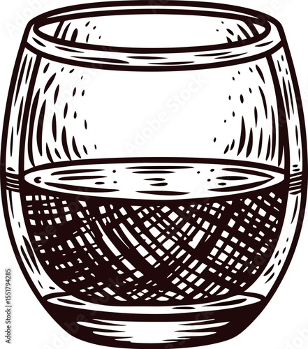 Hand drawn sketch of a whiskey glass filled with liquid, vintage engraving illustration