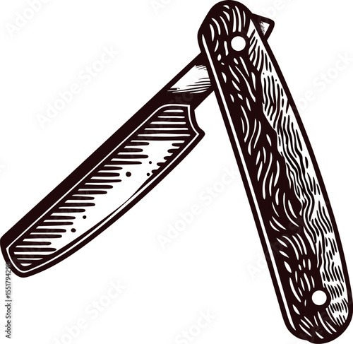 Vintage engraved straight razor with textured wooden handle isolated on white background