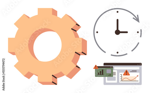 Gear symbolizing process, clock depicting time management, and warning icons over charts addressing errors, risk, or inefficiency. Ideal for productivity, workflow challenges, management, business
