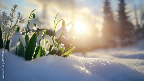 Delicate snowdrops emerge from winter's snow, bathed in golden sunlight