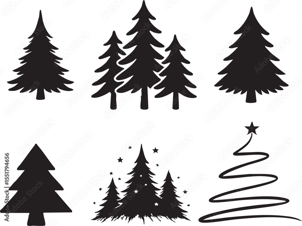 Obraz premium Christmas Tree Silhouette Black and White Evergreen Icons for Winter, Holiday, and Nature Design