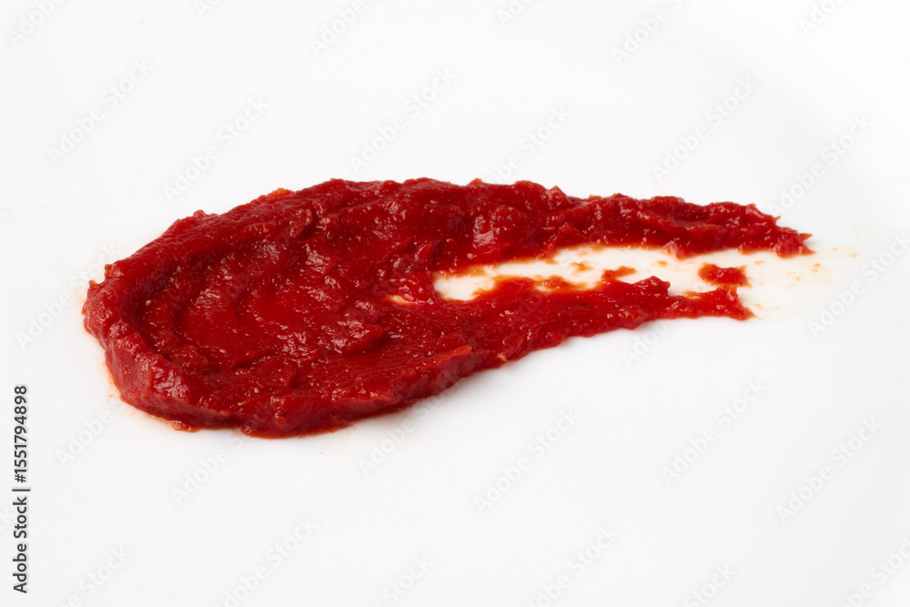 Obraz premium red blob of tomato ketchup paste smeared on white table. isolated on white background