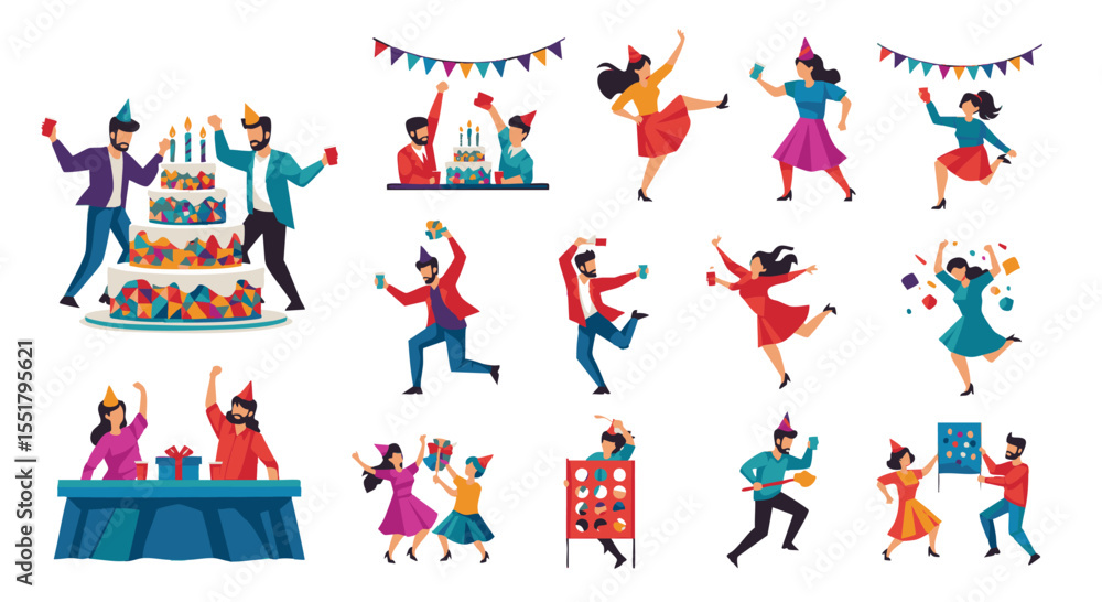 Fototapeta premium Vibrant Flat Vector Illustrations of Joyful People Celebrating and Dancing at a Festive Party