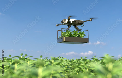 Drones transporting vegetables in a vegetable plot, Agriculture technology, Farm automation. 3D illustration