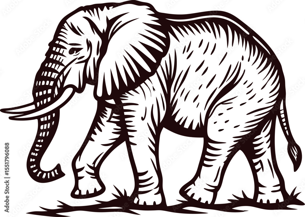 Fototapeta premium Hand drawn illustration of walking elephant vintage detailed ink sketch in monochrome isolated on white background