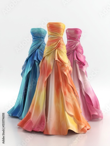 Three strapless dresses blue orangeyellow and pink stand against a plain white background