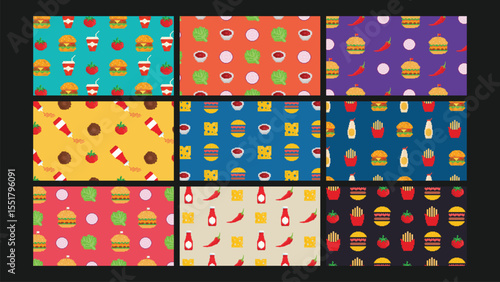 Fast food burger and soda background Set