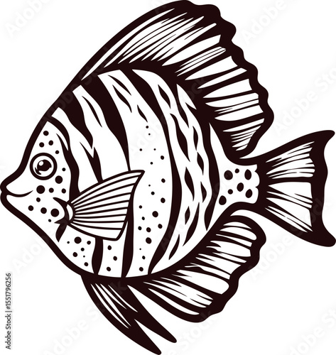 Hand drawn illustration of striped angelfish with detailed fins and scales in black and white