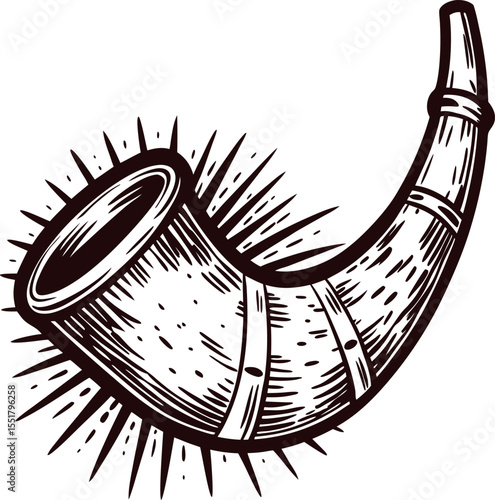 Vintage engraved illustration of a traditional horn isolated on white background, rustic antique detailed drawing