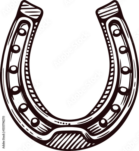Vintage hand drawn horseshoe illustration in black and white engraved isolated on white background