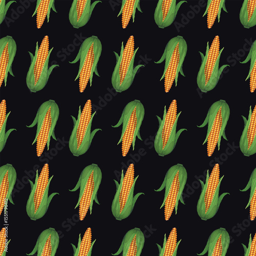 Pixel art seamless pattern with corn cobs and green husks. Stylized repeat design on dark backdrop in retro 8-bit style. Vector illustration.