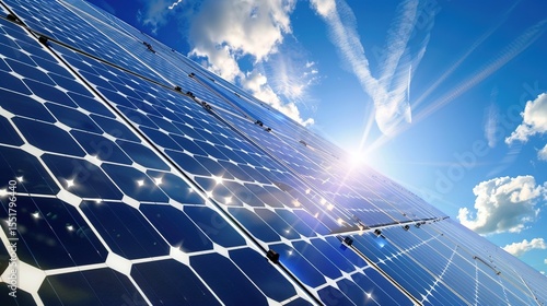 Solar Panel Array Technology Background: High-Resolution 3D Render of Photovoltaic Systems with Realistic Solar Panel Arrays – Ideal for Renewable Energy Projects, Green Technology Visuals, Sustainabl