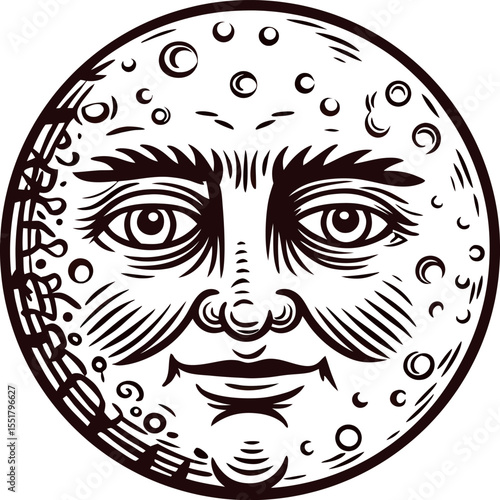 vintage engraved drawing of full moon with human face detail and craters, black and white celestial illustration