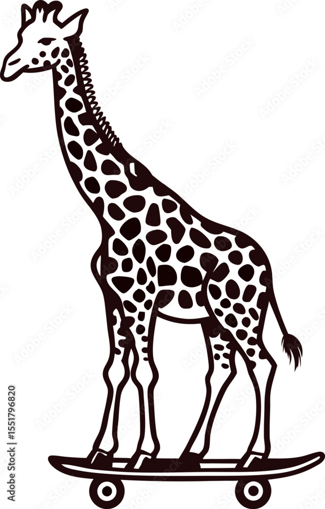 Naklejka premium Stylized illustration of a standing giraffe riding a skateboard in black and white on a plain background