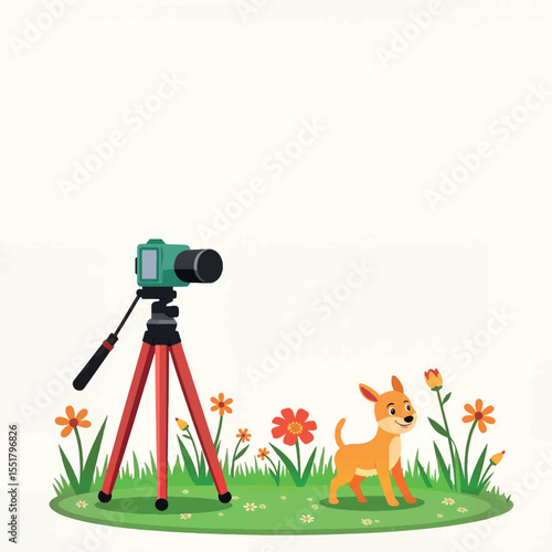 Cheerful dog beside camera on tripod in garden, vibrant photography setup