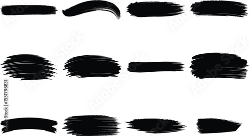 Black grunge brush stroke set on white background, ink texture collection for abstract design, paint stroke vector pack