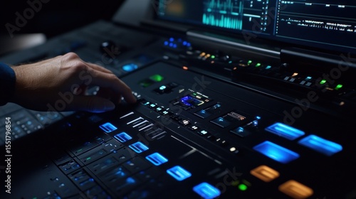 Hand on audio visual control panel
