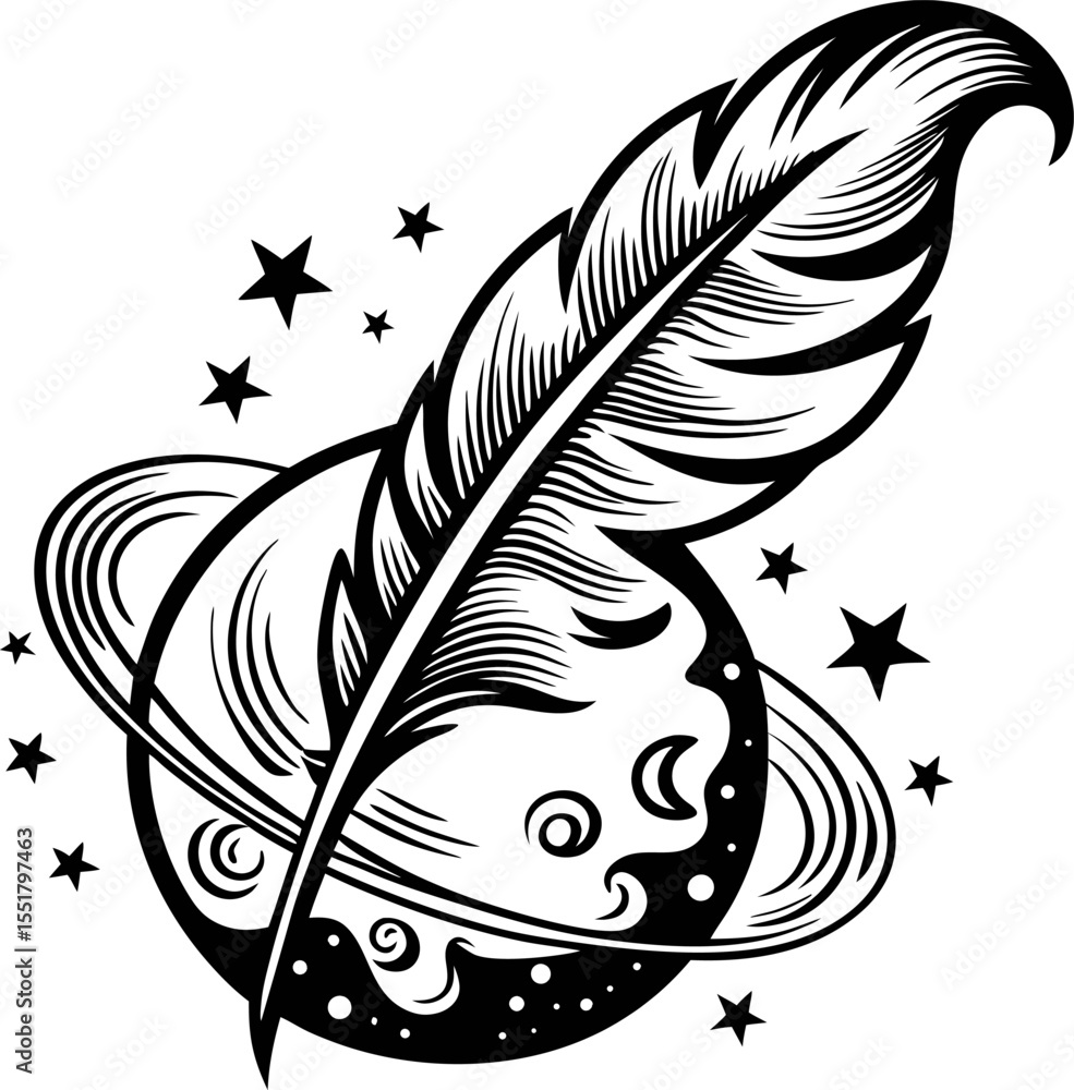 Obraz premium Feather quill overlapping crescent moon with stars tattoo inspired black and white celestial illustration