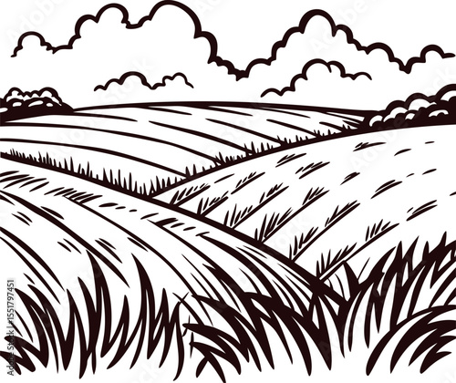 Hand drawn rural landscape with fields, hills, and clouds in vintage engraving illustration