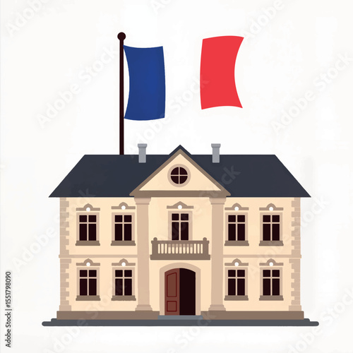 French flag flying above historic building on white background, symbolism