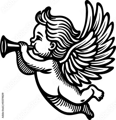 Hand drawn flying cherub blowing trumpet with wings, vintage engraved angel illustration isolated on white background
