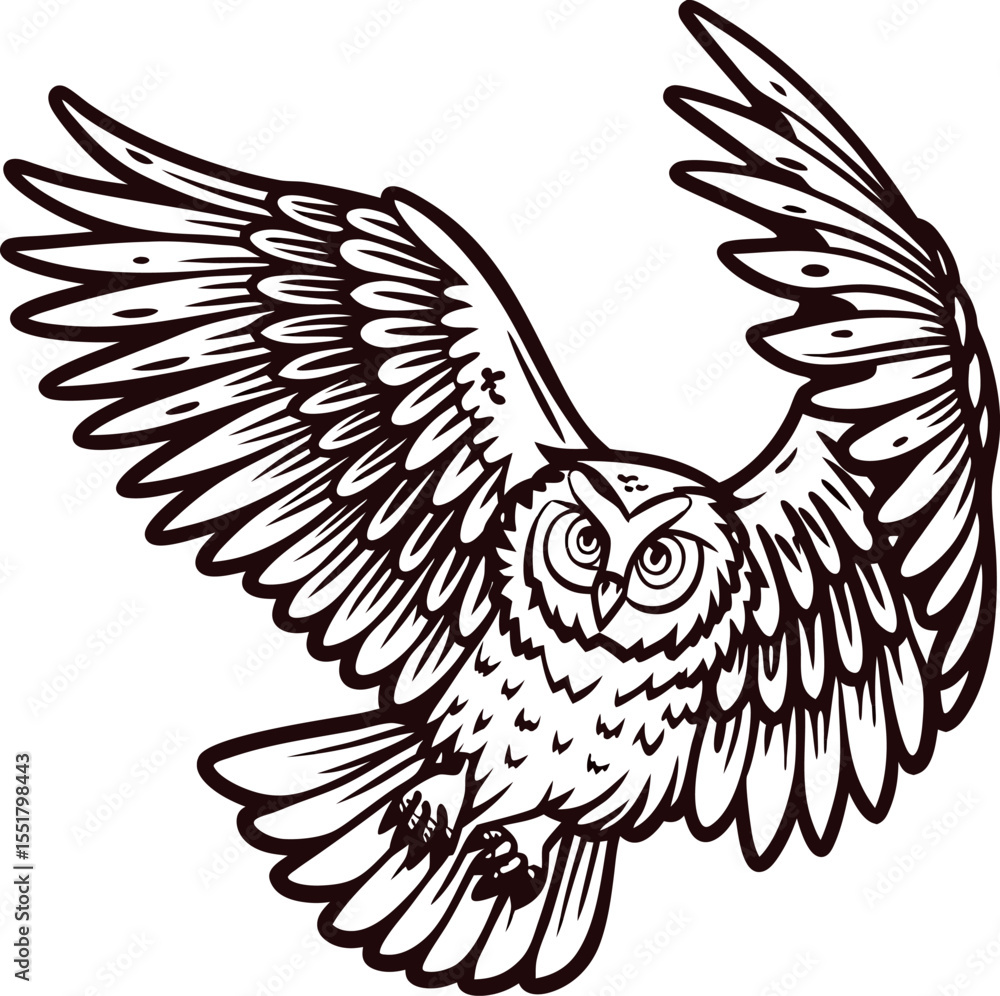 Naklejka premium Flying owl with spread wings detailed line drawing isolated on white background illustration