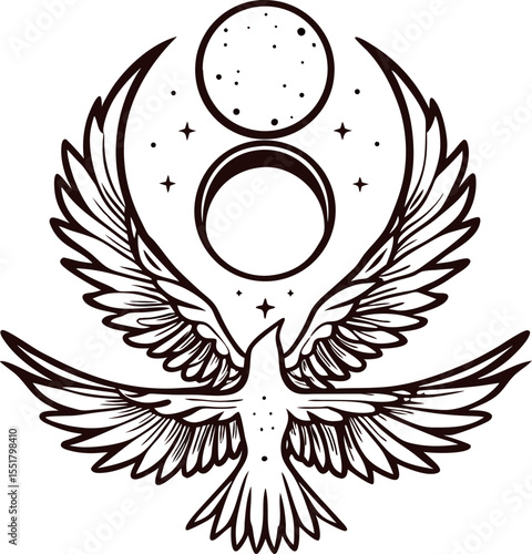 Sacred bird with spread wings beneath crescent moon and sun, detailed vintage line art with stars illustration