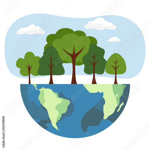 Ecology concept. People take care about planet. Protect nature. Earth day. Globe with plants and volunteer people. Vector illustration