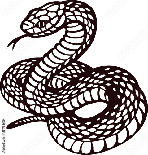 Coiled rattlesnake illustration in black and white detailed line art of venomous serpent with raised head and forked tongue