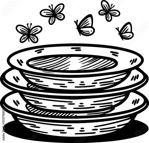 Stack of three rustic ceramic plates with butterflies overhead in vintage hand drawn sketch