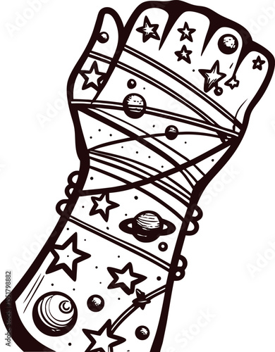 Cosmic space themed glove illustration with planets, stars, and galaxies in black and white outline