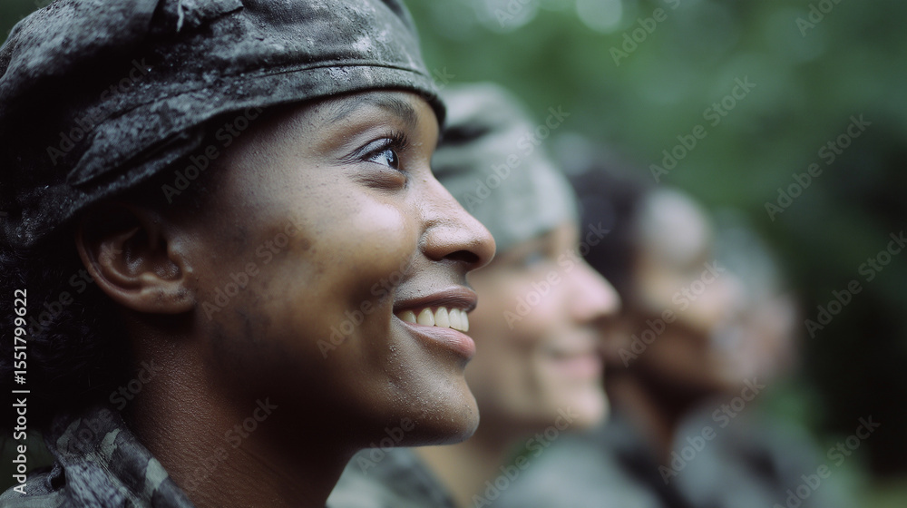 Obraz premium Unique perspective showcasing young military personnel expressing camaraderie in a forest environment during training exercises