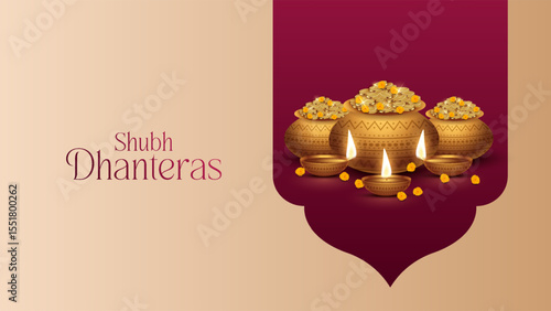 Happy Dhanteras - poster template design with gold coin in pot and decorative diya lamp. Vibrant Dhanteras festival design featuring gold coins.