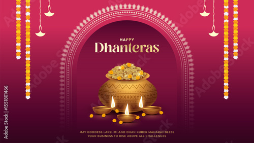 Happy Dhanteras - poster template design with gold coin in pot and decorative diya lamp. Vibrant Dhanteras festival design featuring gold coins.
