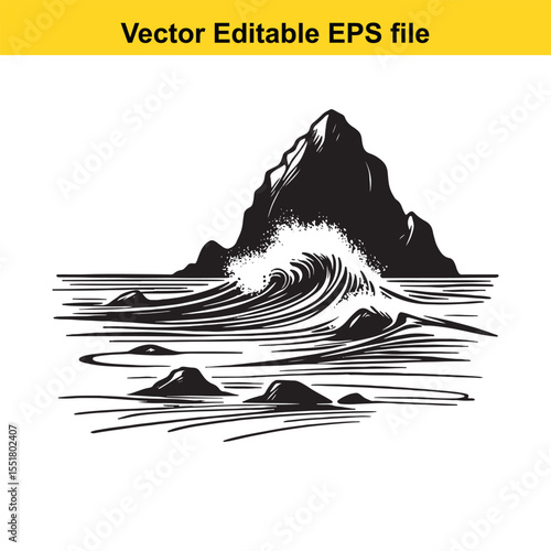 Monochrome Mountainous Seascape Illustration with Crashing Waves and Rocky Outcrops Evokes a Dramatic and Timeless Coastal Scene