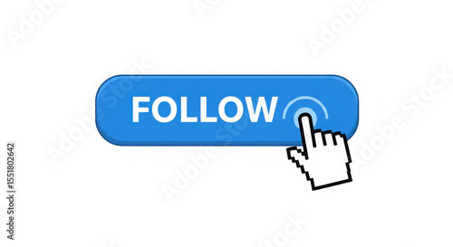 Hand cursor clicking a blue follow button on a transparent background graphic art