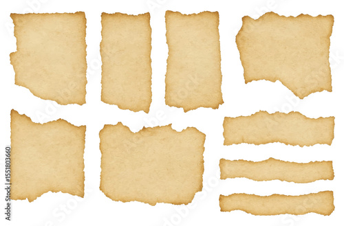 Background pieces of old torn paper, scraps of ripped teared vintage parchment texture with jagged edges. Perfect for retro or historical designs