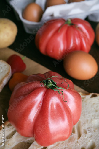 A rustic flat lay featuring slices of homemade artisan bread, fresh brown eggs in a carton, heirloom tomato, sweet peppers, and potatoes on a wooden kitchen table. Natural light and cozy.
