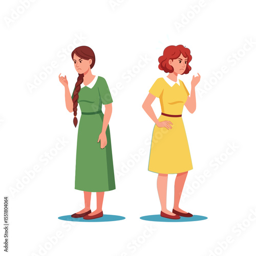 Two women in dresses facing away from each other with angry expressions on a blue background