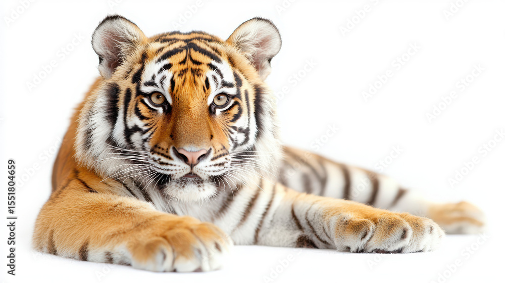 Fototapeta premium Majestic Tiger Resting on White Background, Stunning Facial Features
