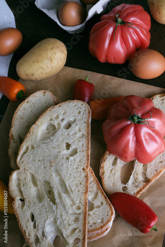 A rustic flat lay featuring slices of homemade artisan bread, fresh brown eggs in a carton, heirloom tomato, sweet peppers, and potatoes on a wooden kitchen table. Natural light and cozy.