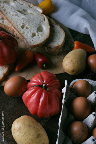 A rustic flat lay featuring slices of homemade artisan bread, fresh brown eggs in a carton, heirloom tomato, sweet peppers, and potatoes on a wooden kitchen table. Natural light and cozy.