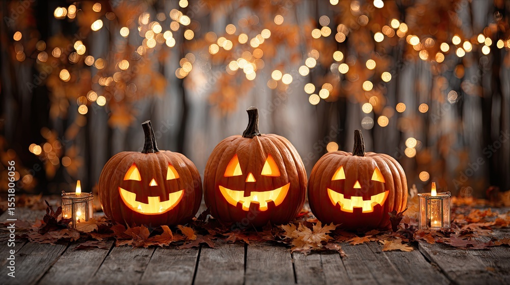 Fototapeta premium Three glowing jack-o'-lantern pumpkins with candles and autumn leaves on wooden table in spooky forest